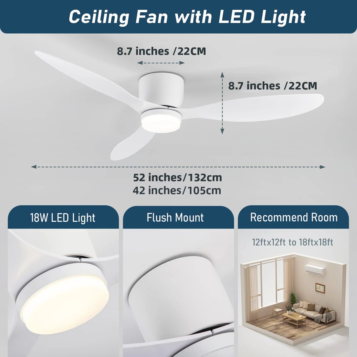 IRALAN Ceiling Fan With Light,42 Inch/52 Inch Low Profile Ceiling Fan with remote control, For Indoor and Covered Outdoor