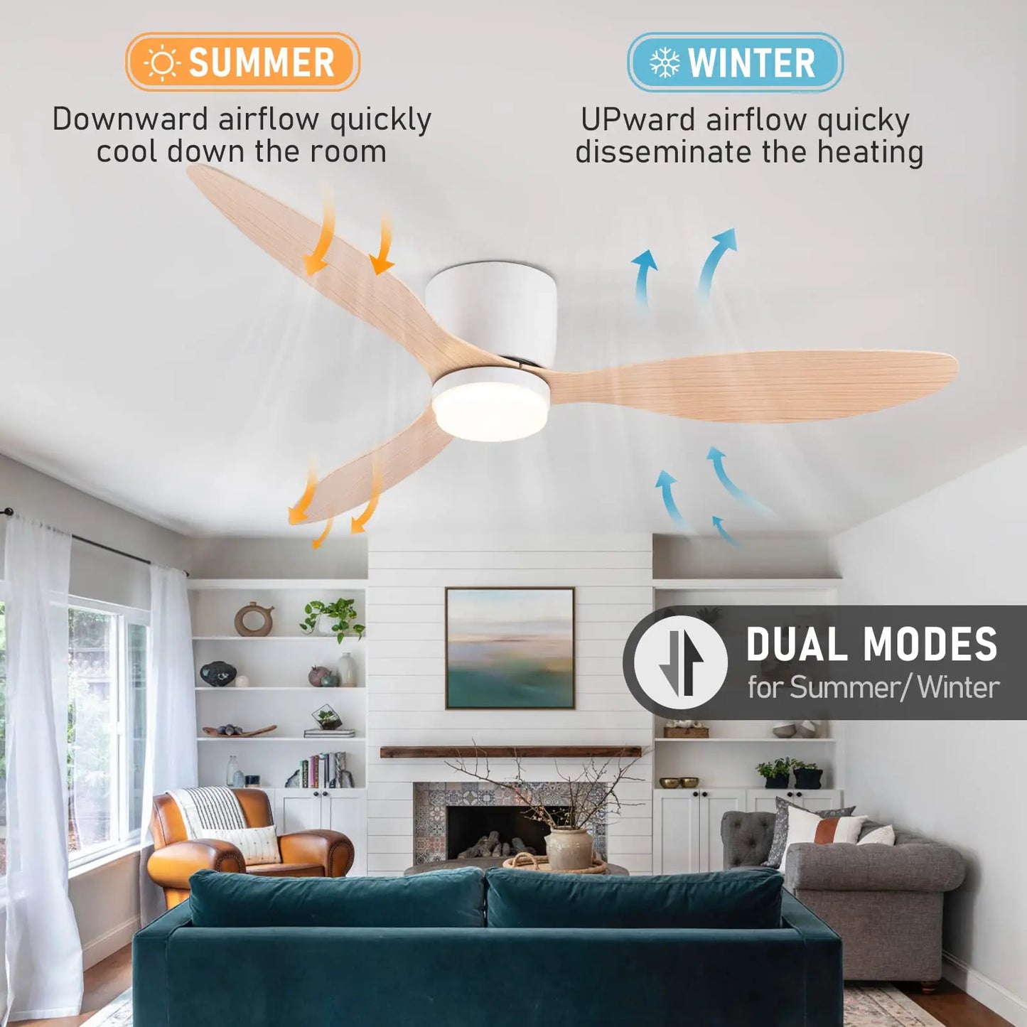 IRALAN Ceiling Fan With Light, 6-speed choice, Reversible DC motor, 3CCT, Dimmable, Whisper, Easy Install, black/White/Wood