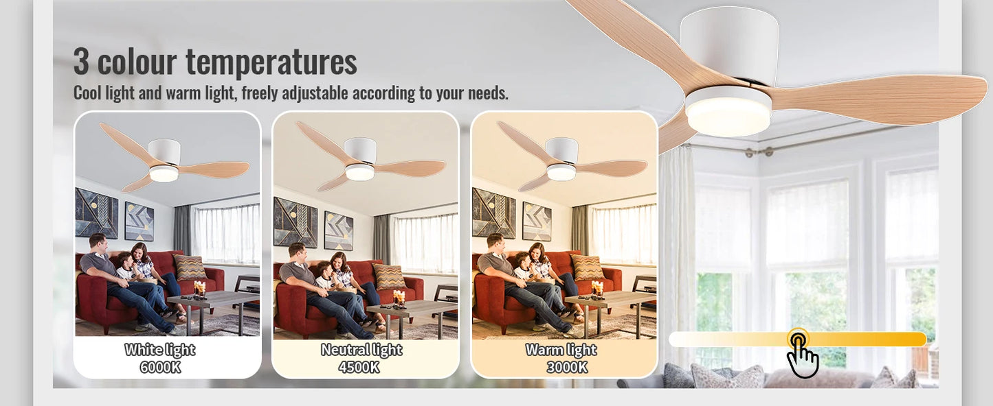 IRALAN Ceiling Fan With Light, 6-speed choice, Reversible DC motor, 3CCT, Dimmable, Whisper, Easy Install, black/White/Wood