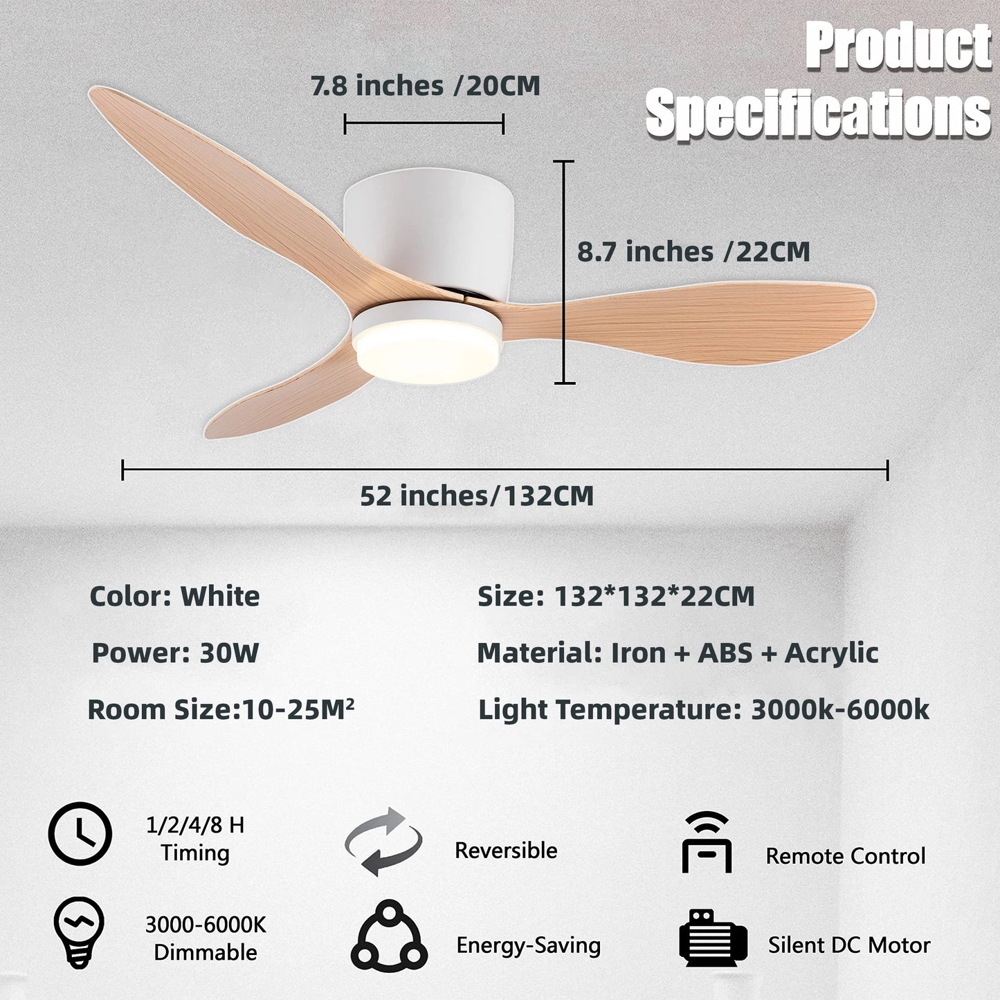IRALAN Ceiling Fan With Light, 6-speed choice, Reversible DC motor, 3CCT, Dimmable, Whisper, Easy Install, black/White/Wood
