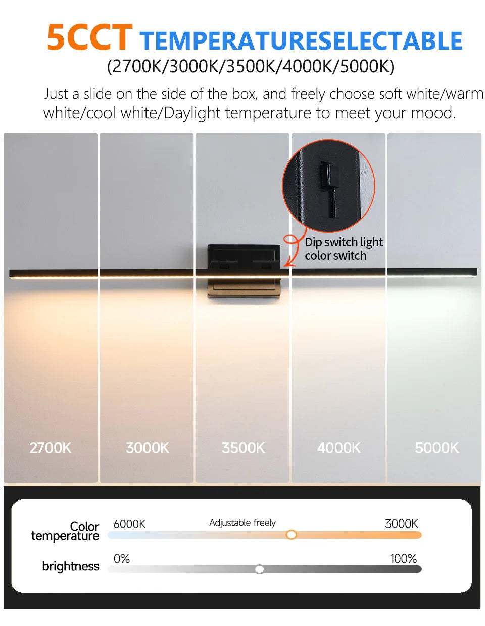 Modern Bathroom Vanity Light LED Dimmable 5CCT Bathroom Light Fixture 180° Rotatable for Over Mirror Bar Bathroom Restroom Decor