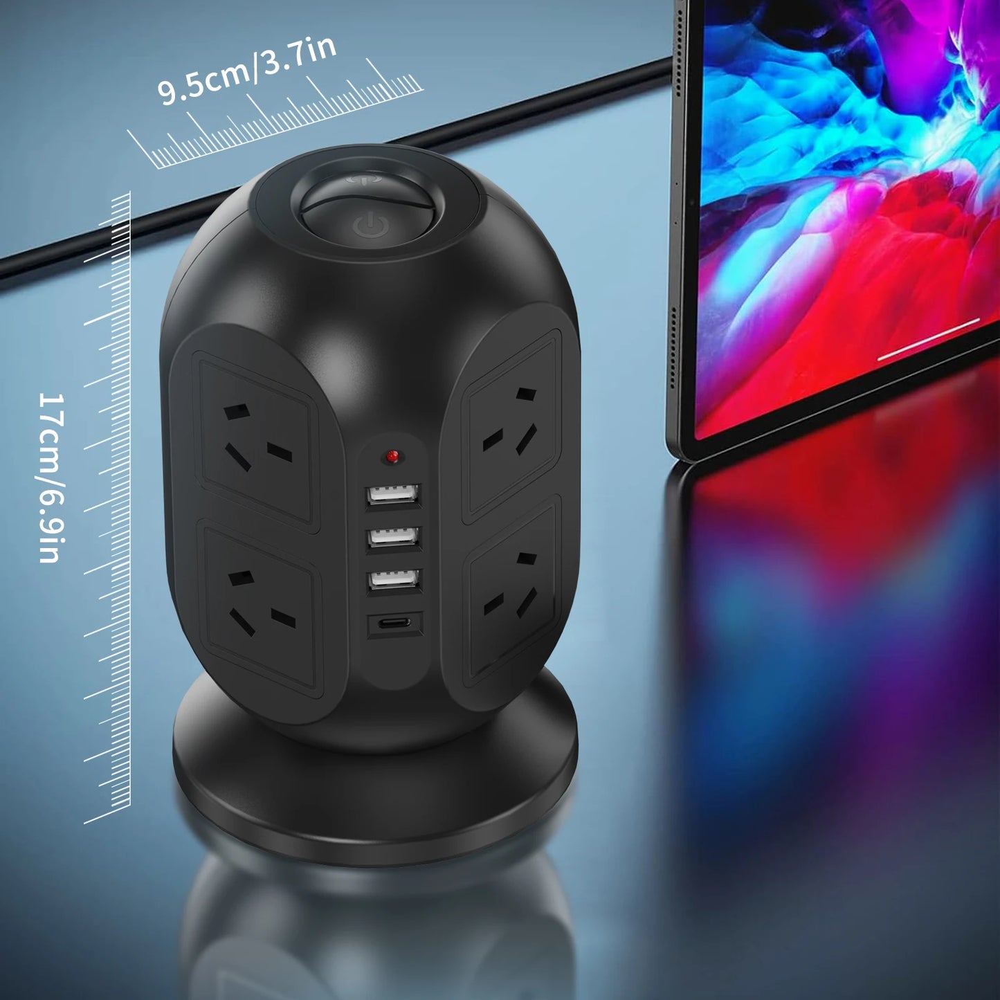 AU Plug tower vertical power strip 8 AC multiple power sockets 4 USB ports Power adapter 2M extension cable surge protector