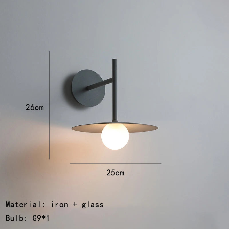Modern Creative Circular Iron Glass Decorative LED Wall Lamp Black Gray White Bedroom Study Lighting Fixtures