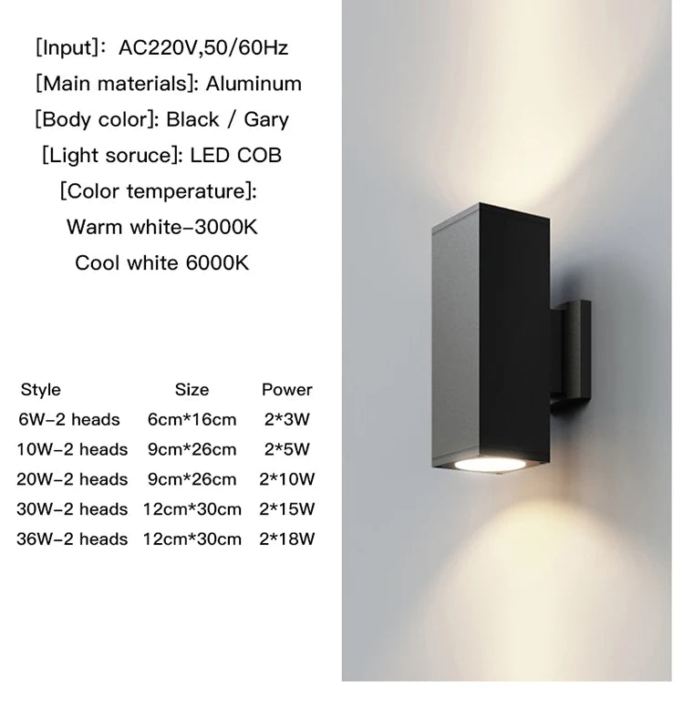 black gray up down outdoor wall light 6W 10W 20W 30W 36W porch garden waterproof home lighting outdoor