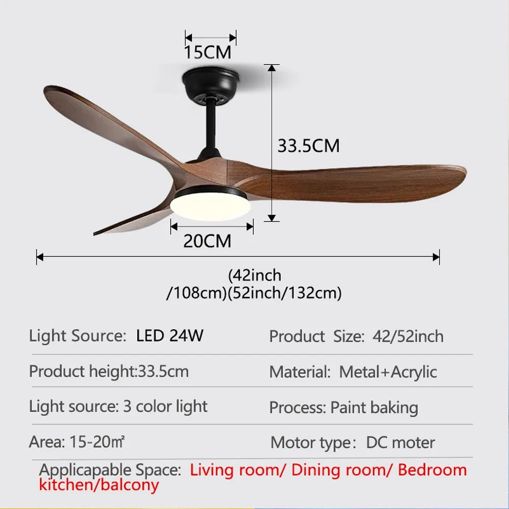 42/52 Inch Ceiling Light, 3 ABS Blade DC Brushless Motor Ceiling Fan, with 24W Light, Living Room Dining Room Indoor Fan Light