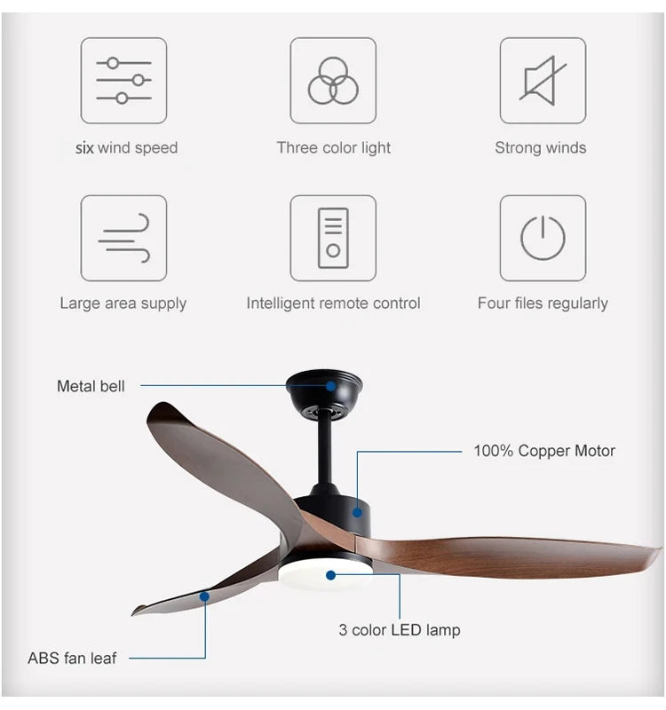Modern Simple 42 /52 Inch Pure Copper DC Motor Remote Control ABS Blade Led Ceiling Fan With Light Restaurant Fan