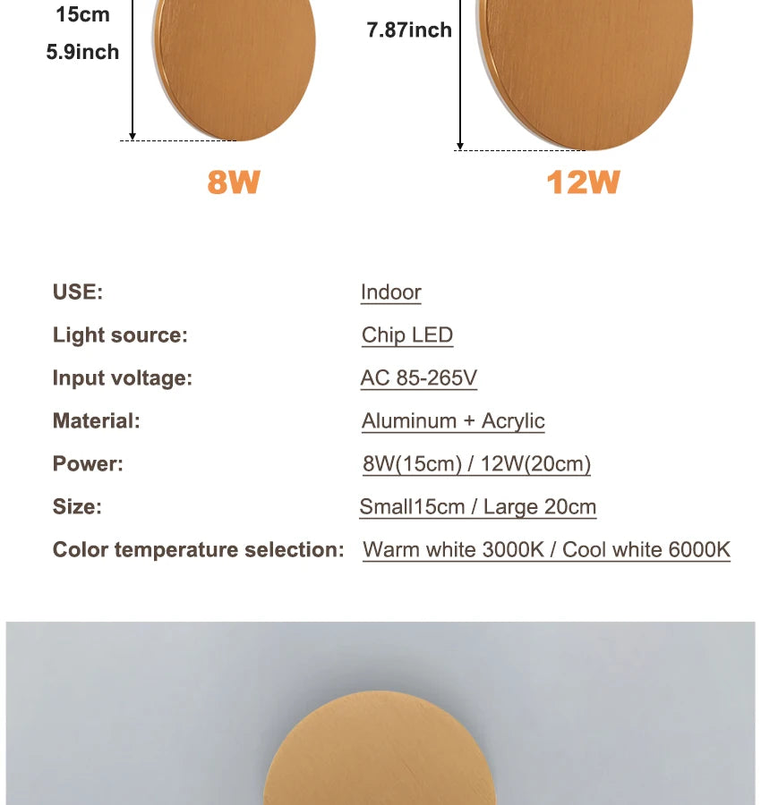 Modern Round Wall Lamp 15cm/20cm LED Black/White/Gold Aluminum Acrylic Light Fixture Easy Install for Living Room Bedroom 