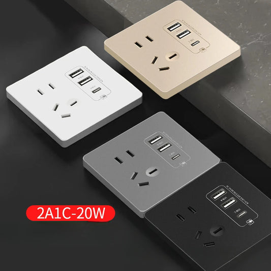 AU Wall Sockets 2 USB 5V 3A 1 1 Outlets Type-c PD 20W Quick Charge QC 86mm AC 110v 220v 2500W 10A Black White Grey Home Socket