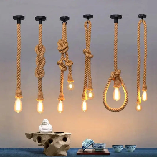 Hemp Rope Pendant Lamp, Creative Edison Bulb Chandelier, Vintage Country Lighting for Home Decor, Farmhouse Ceiling Light