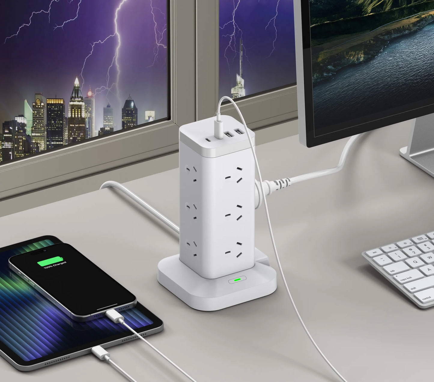 12-ways Tower Power Socket Surge Protection with 2 USB-A 2 USB-C charging, 2m Extension Cord, AU Plug Outlet Power strip