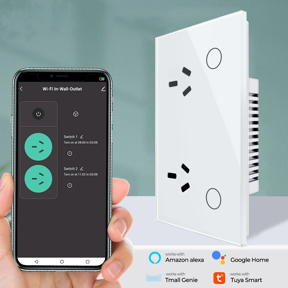tuya 15A AU Argentina Panel Wall Socket WIFI White Crystal Glass Touch Timmer Power Outlet Smart Home Voice Google Home Alexa