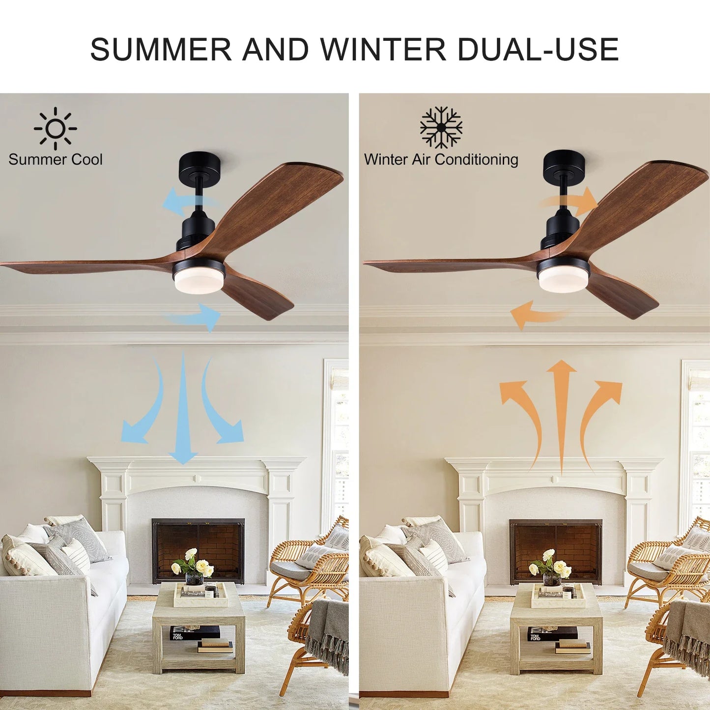 42/52 Inch Solid Wood Ceiling Fan, for Living Rooms, Bedrooms, Dining Rooms, and Study Rooms, with Remote Control Fan Lights