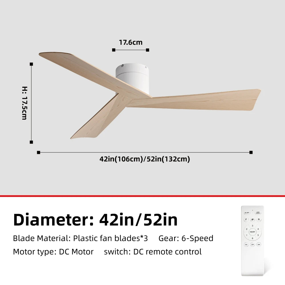 42/52" Ceiling Fan, Remote - 3 - Blade Retro - Style ABS, 6 - Speed Inverter Motor, No - Light Design, Quiet Operation for Home