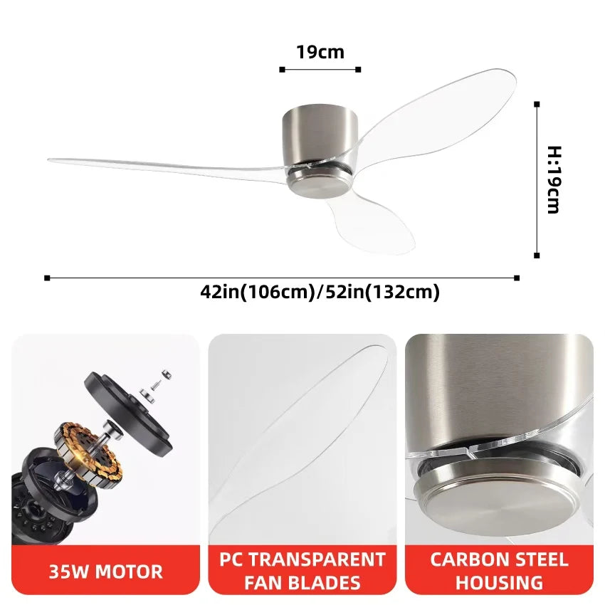 Minimalist Household Ceiling Fan Light for Living Room/Restaurant, Transparent PC Blades, Inverter DC Motor & 6-Speed Adjustment