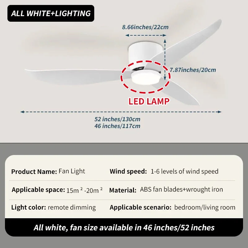 White 52 Inch Ceiling Fan with Light and Remote Control, Low Profile Embedded Ceiling Fan, Dimmable Bedroom, Living Room, Indoor