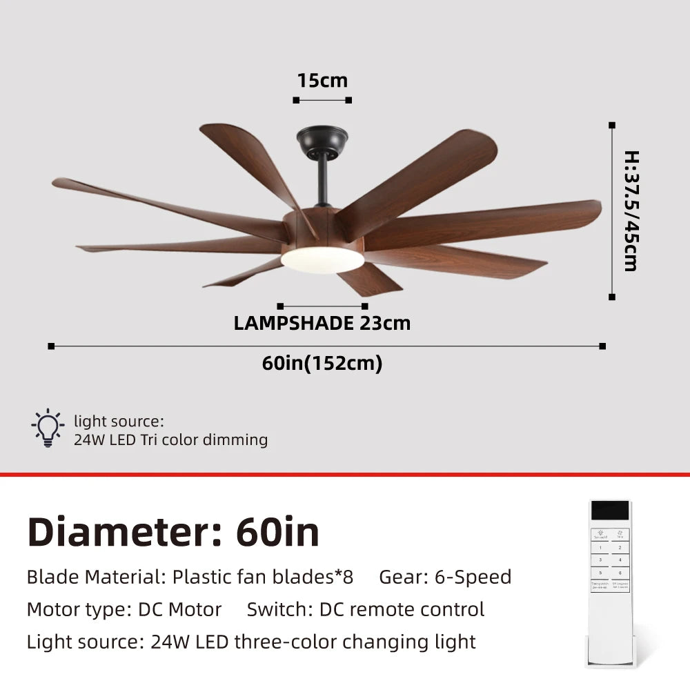 FUMANJIA 60Inch Ceiling Fan with Light - 8 Blades, DC Motor & Remote Control, 6-Speed Adjustment, ABS Blades for Dining Rooms