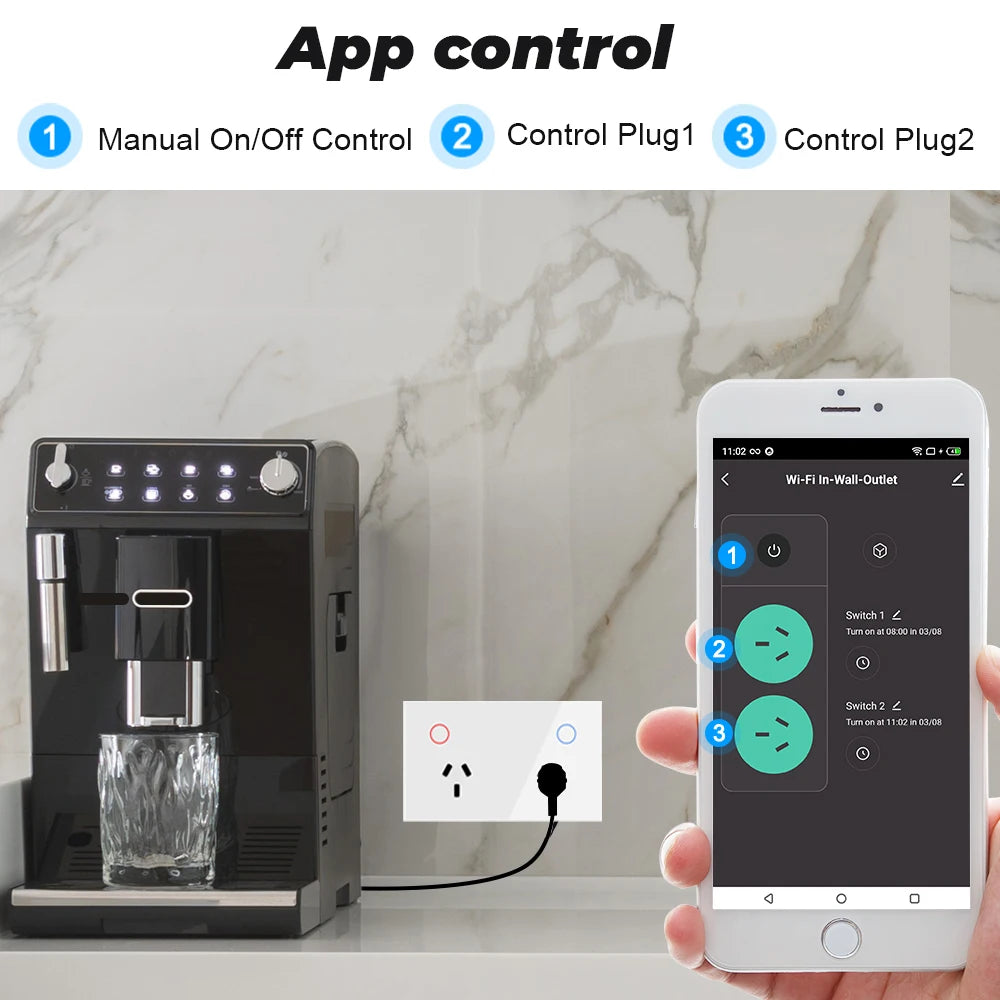 tuya 15A AU Argentina Panel Wall Socket WIFI White Crystal Glass Touch Timmer Power Outlet Smart Home Voice Google Home Alexa