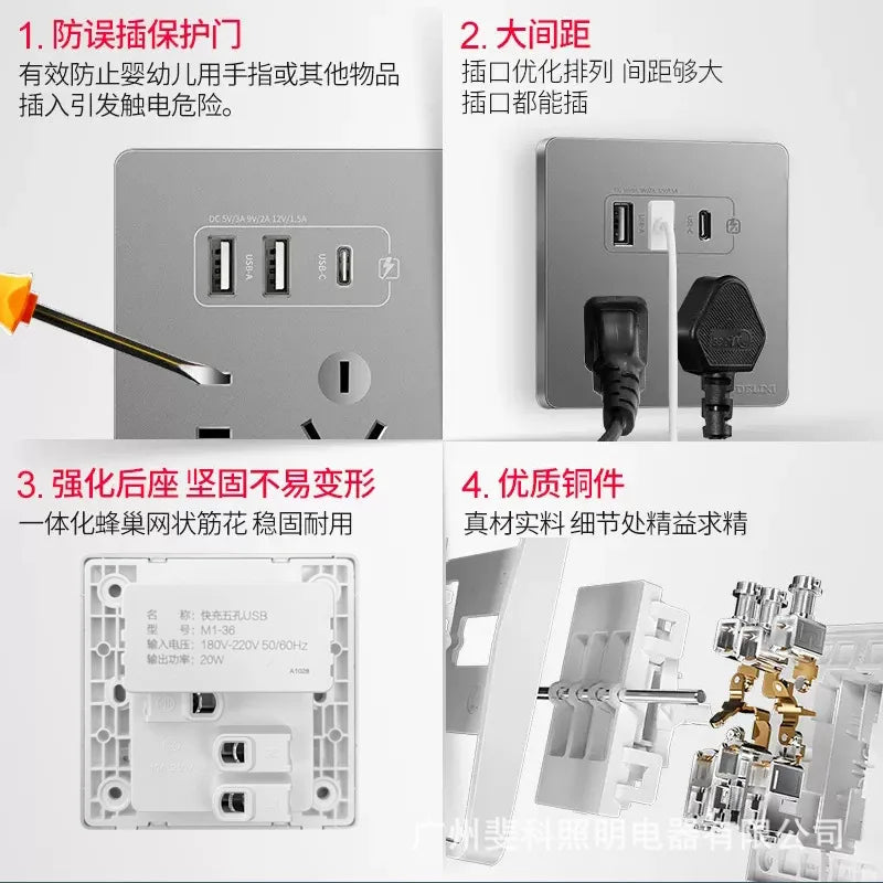 AU Wall Sockets 2 USB 5V 3A 1 1 Outlets Type-c PD 20W Quick Charge QC 86mm AC 110v 220v 2500W 10A Black White Grey Home Socket
