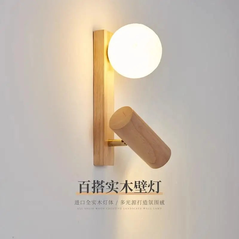 Nordic Cream Wind Wood Wall Lamp Log Bedroom Bedside Reading Lamp Rotatable Spotlight Living Room Ball Wall Sconce Home Decor