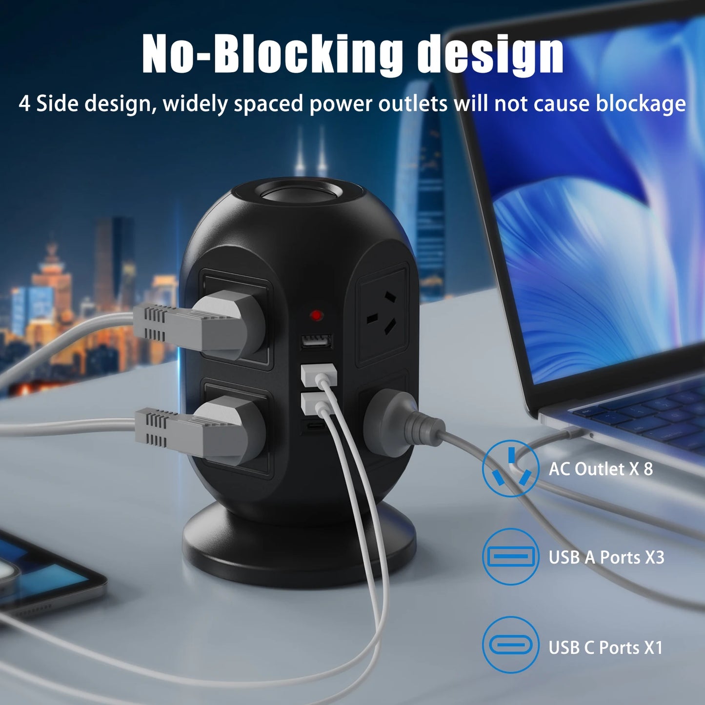AU Plug tower vertical power strip 8 AC multiple power sockets 4 USB ports Power adapter 2M extension cable surge protector