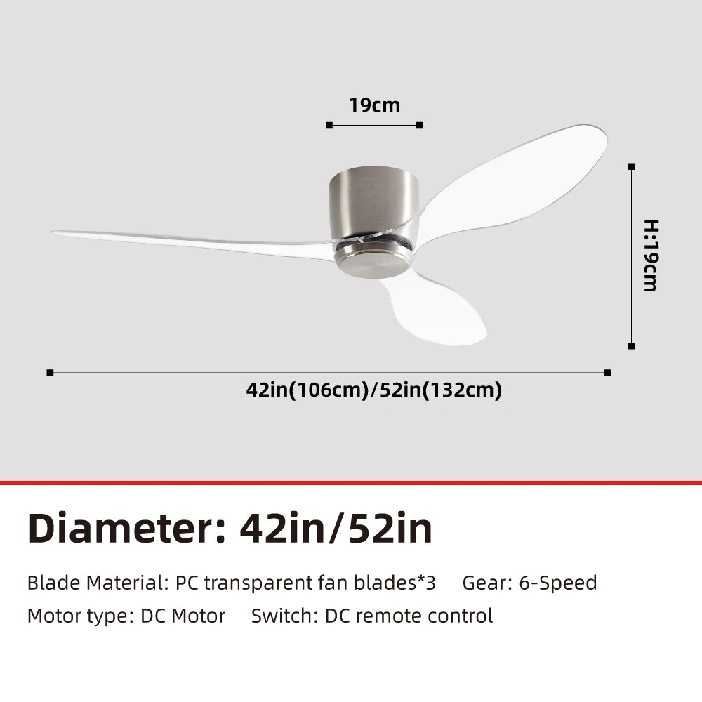 Minimalist Household Ceiling Fan Light for Living Room/Restaurant, Transparent PC Blades, Inverter DC Motor & 6-Speed Adjustment