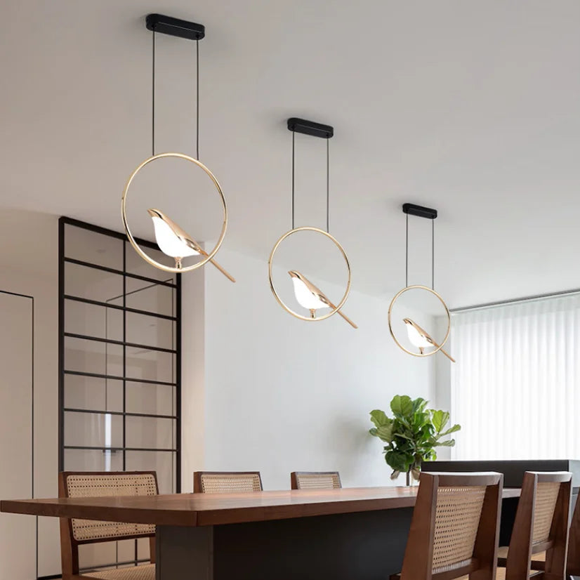 Modern Hotel Living Room Bird Ring Pendant Light Alloy Plating Body Aluminum Gold Ring Rotatable Hanging Lamp Bar Dining Lustres