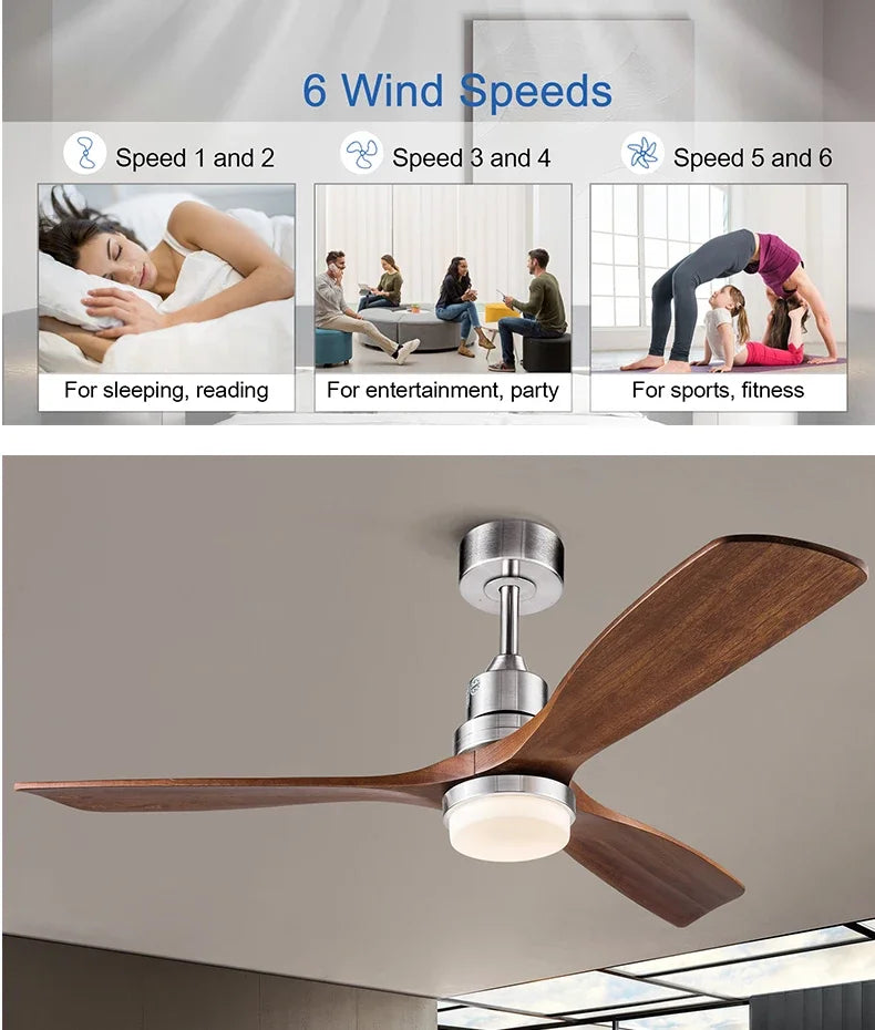 42/52 Inch Solid Wood Ceiling Fan, for Living Rooms, Bedrooms, Dining Rooms, and Study Rooms, with Remote Control Fan Lights