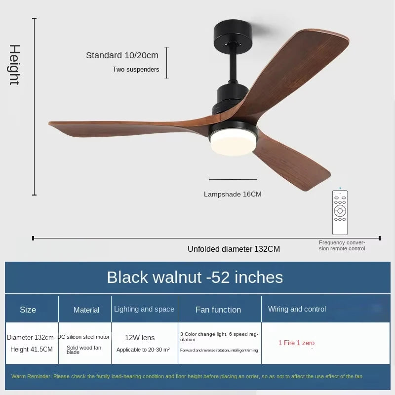 42/52 Inch Solid Wood Ceiling Fan, for Living Rooms, Bedrooms, Dining Rooms, and Study Rooms, with Remote Control Fan Lights