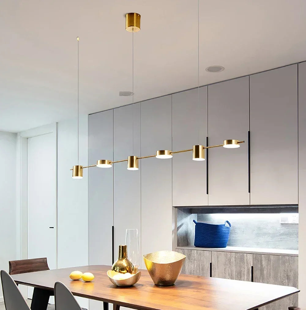 Modern LED Pendant Light Remote Dimming Indoor Lighting Art Ceiling Pendant Light Gold Long Strip Kitchen Restaurant Decoration