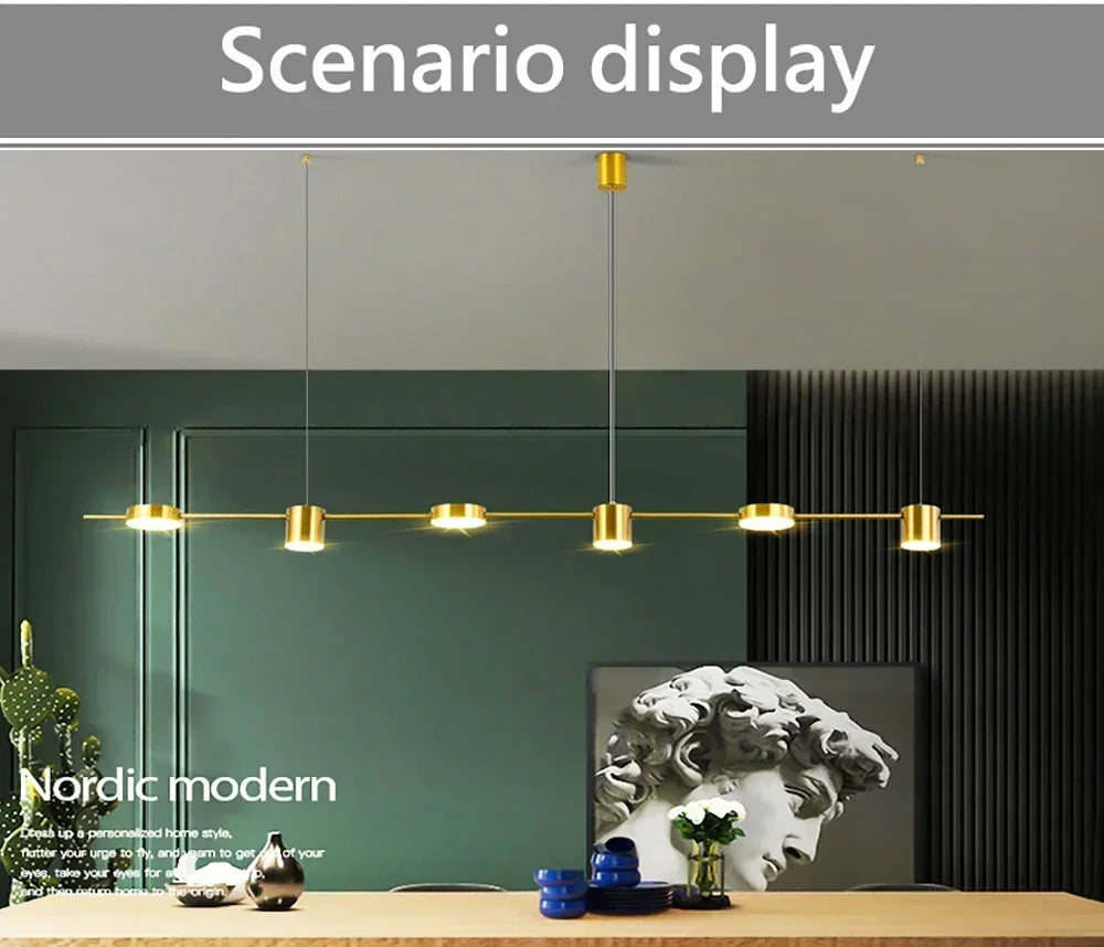 Modern LED Pendant Light Remote Dimming Indoor Lighting Art Ceiling Pendant Light Gold Long Strip Kitchen Restaurant Decoration