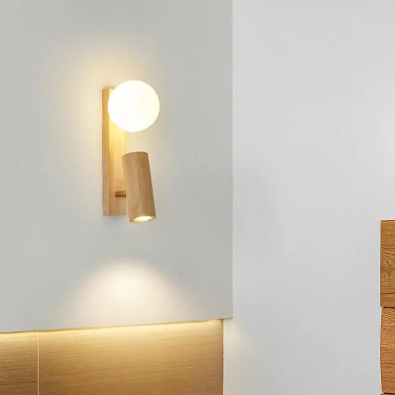 Nordic Cream Wind Wood Wall Lamp Log Bedroom Bedside Reading Lamp Rotatable Spotlight Living Room Ball Wall Sconce Home Decor