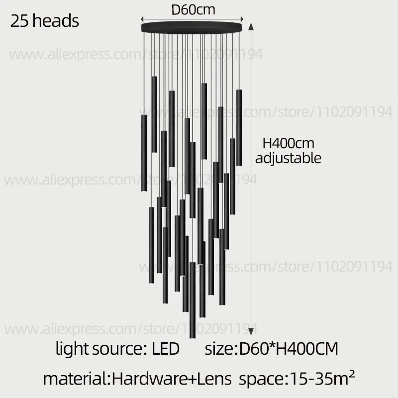 Cylindrical Modern Pendant Long Tube Lamp Hanging Cable Living Room Lamp Designer Villa Penthouse Lamp Led Staircase Chandelier
