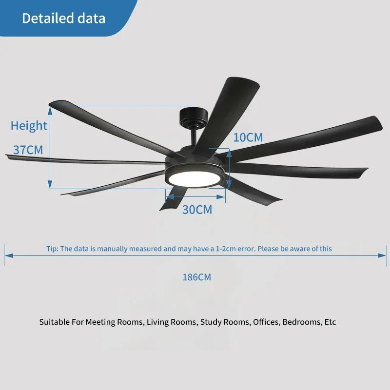 72 inch Large Diameter Black Ceiling Fan, DC Motor Remote Control, 6-speed Reversible, Living Room, Rerrace Pendant Light