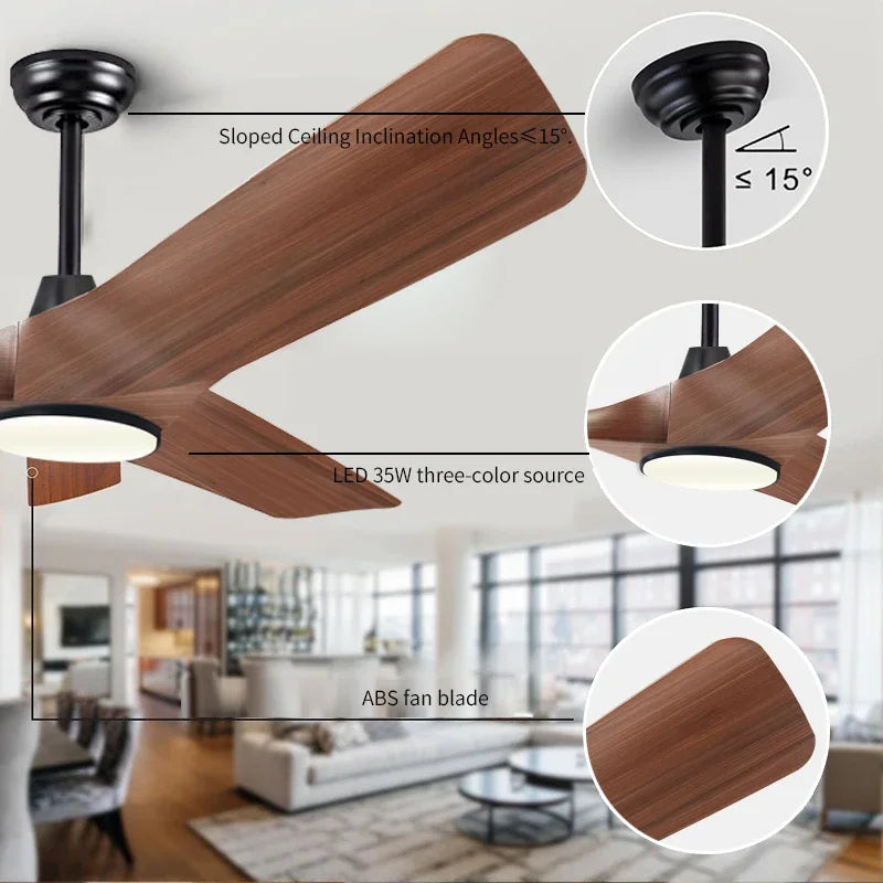 52 Inch Walnut Ceiling Fan, Remote Control with Adjustable Lights, 3 Fan Blades Reversible DC Motor Ceiling Fan, Decorative Fan
