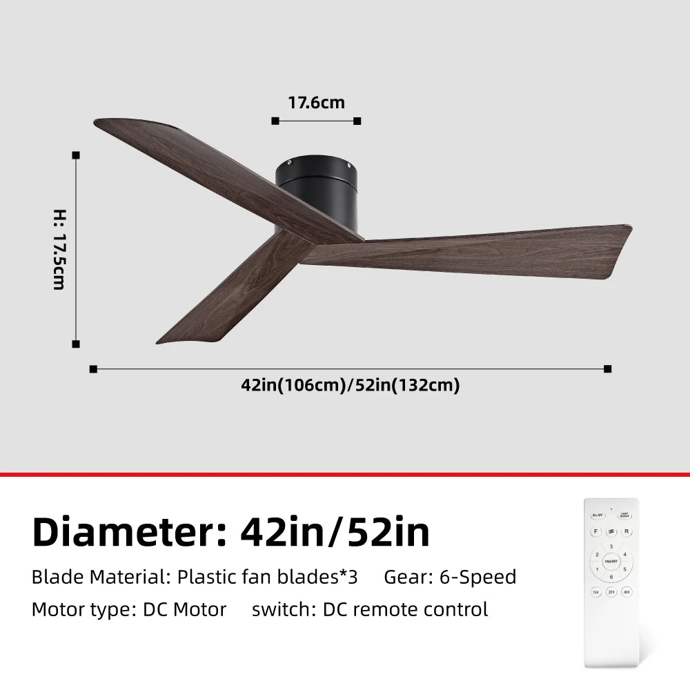 42/52" Ceiling Fan, Remote - 3 - Blade Retro - Style ABS, 6 - Speed Inverter Motor, No - Light Design, Quiet Operation for Home