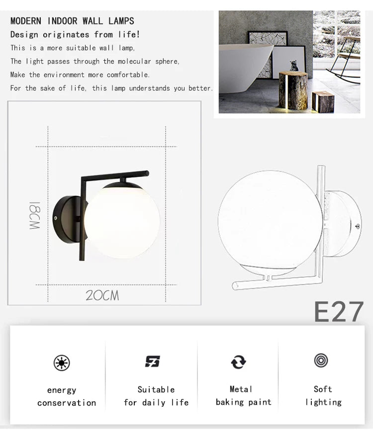Nordic Home Decoration Lamp White Glass Ball Metal Wall Light 90-260V For Bedroom Corridor Mirror Leisure Area Bedhead Wall Lamp
