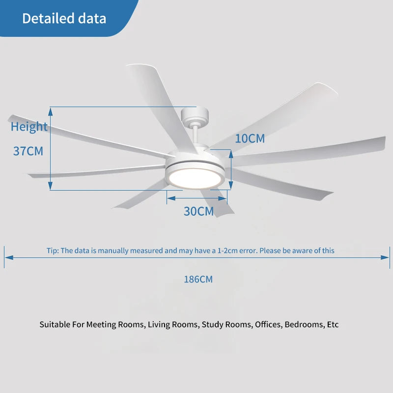 72 inch Large Diameter Black Ceiling Fan, DC Motor Remote Control, 6-speed Reversible, Living Room, Rerrace Pendant Light