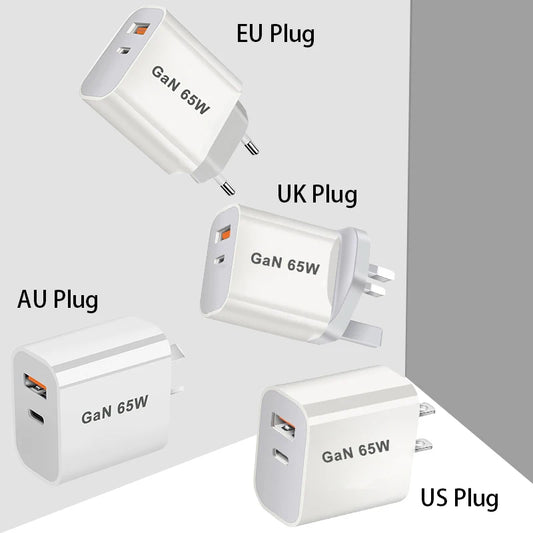 65W GaN USB-C Fast Charger - PD3.0 Quick Charger with Dual Ports for iPhone 15,Xiaomi,POCO,Samsung,Oneplus -Compact and Portable