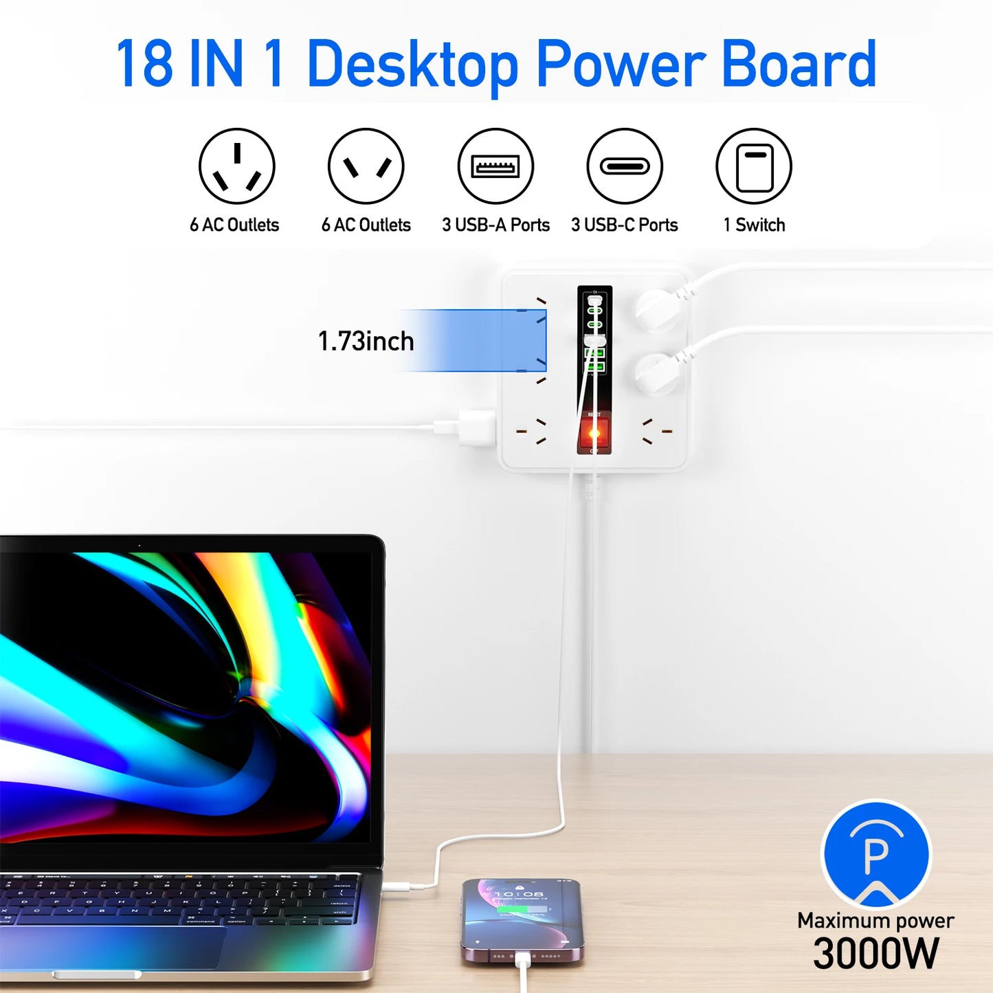 AU Plug Power board with 3 USB-A and 3 Type-C port,12AC Outlets, Surge Protector Power Strip, 2m cable Australia Socket