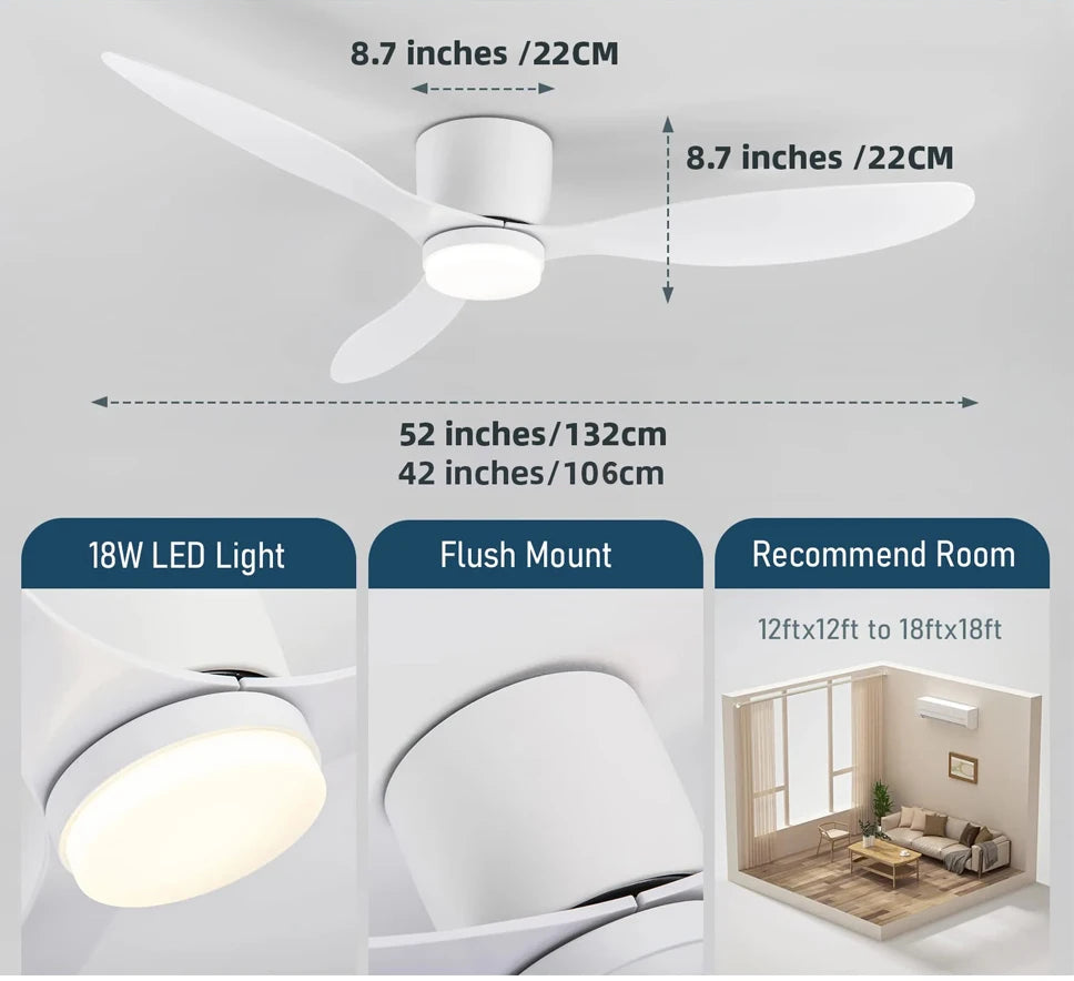 Modern Ceiling Fan with LED Light, DC Motor, Large Air Volume, Remote Control for Kitchen, Bedroom, Dining Room, Patio