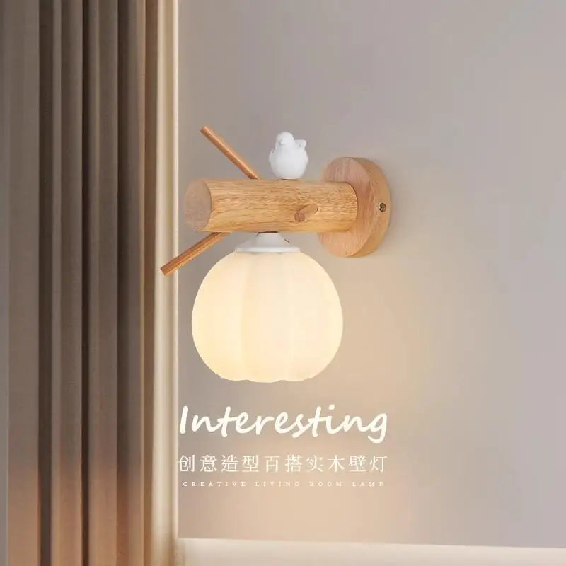 Nordic Cream Wind Wood Wall Lamp Log Bedroom Bedside Reading Lamp Rotatable Spotlight Living Room Ball Wall Sconce Home Decor