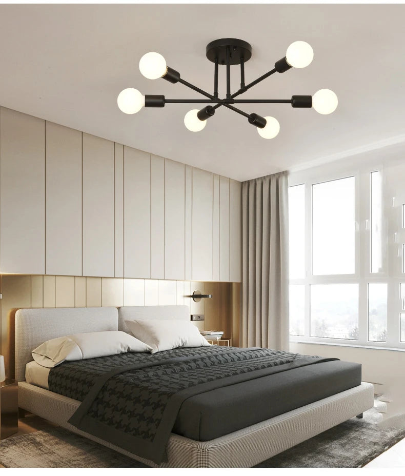 Retro Industrial Wrought Iron Material 6Heads LED Ceiling Lamp Home Luminaire Modern Living Room Light E27 Decoration Light