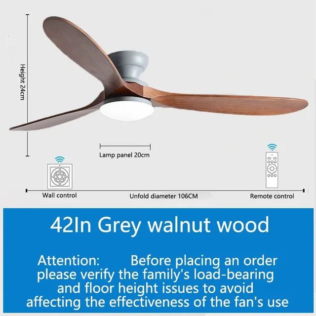 52inch Low Floor Ceiling Fan Light Remote Control Led Llights Indoor Restaurant Solid wood fan leaves With Fan Chandelier