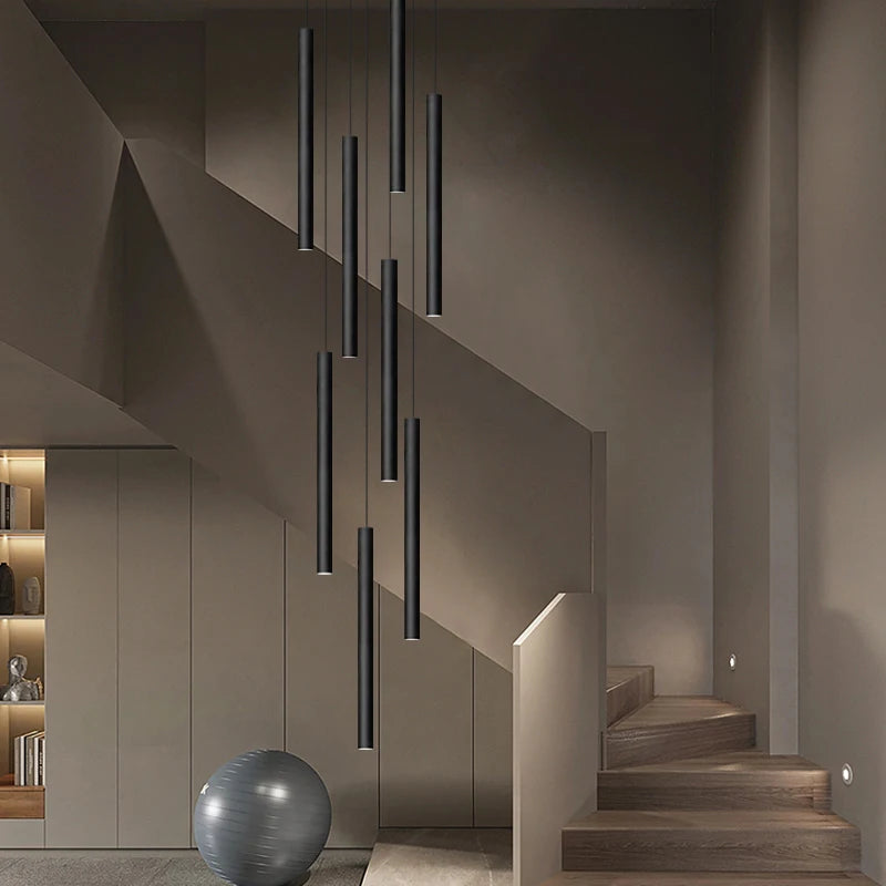 Cylindrical Modern Pendant Long Tube Lamp Hanging Cable Living Room Lamp Designer Villa Penthouse Lamp Led Staircase Chandelier