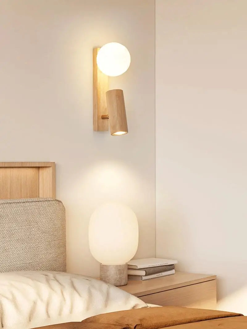 Nordic Cream Wind Wood Wall Lamp Log Bedroom Bedside Reading Lamp Rotatable Spotlight Living Room Ball Wall Sconce Home Decor