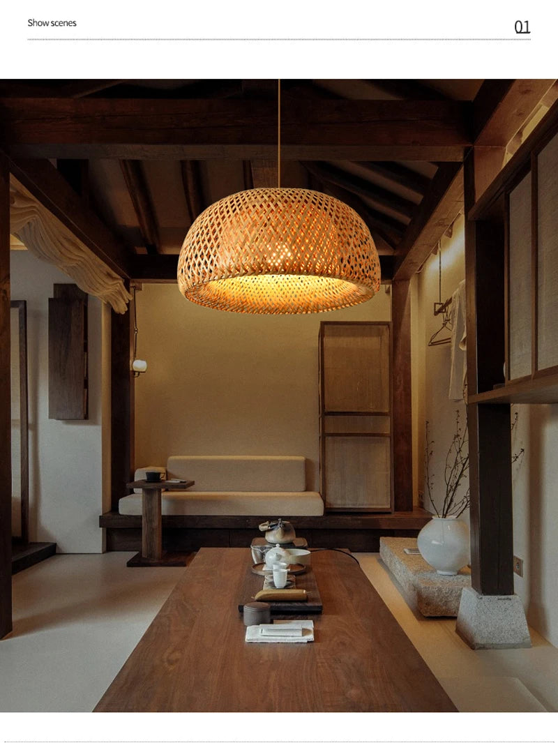Hand Knitted Chinese Style Weaving Hanging Lamps 18/19/30cm Restaurant Home Decor Lighting Fixtures Bamboo Pendant Lamp