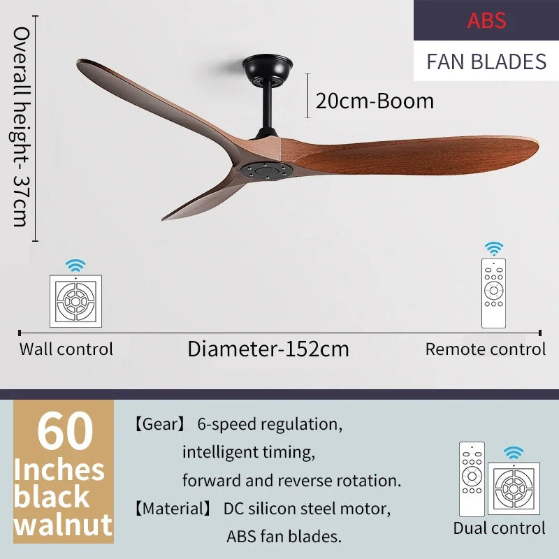 Modern Solid Wood Retro High Air Volume Ceiling Fan with Remote Control Without Lights Living Room and Dining Room Pendant Light