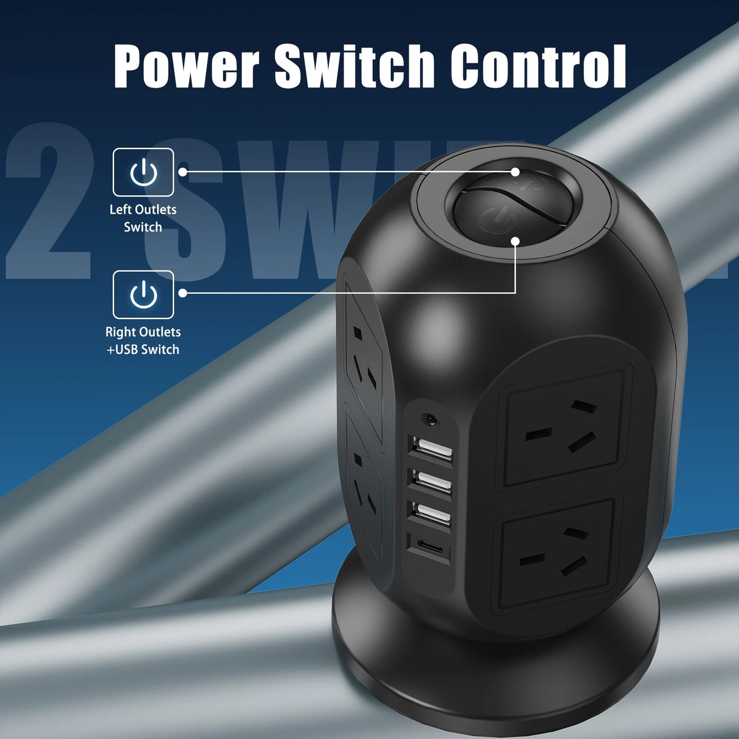 AU Plug tower vertical power strip 8 AC multiple power sockets 4 USB ports Power adapter 2M extension cable surge protector