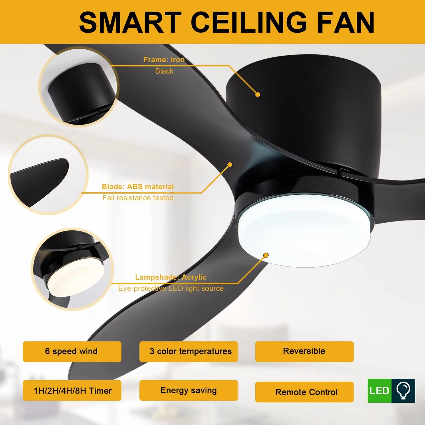 IRALAN Low Floor 52inch Ceiling Fan Modern Bedroom LED Fan Light Dining Living Room Ceiling Lamp Fan  Household Electric Fan