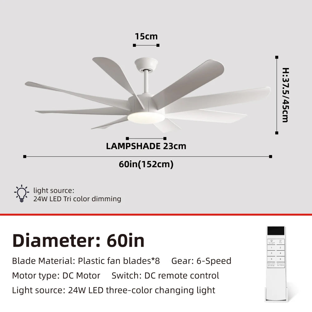 FUMANJIA 60Inch Ceiling Fan with Light - 8 Blades, DC Motor & Remote Control, 6-Speed Adjustment, ABS Blades for Dining Rooms
